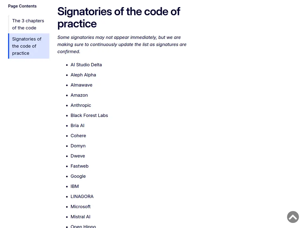 The signatory list on the European Commission's General-Purpose AI Code of Practice page, starting with AI Studio Delta, Aleph Alpha, Almawave, Amazon, Anthropic, Black Forest Labs, Bria AI, Cohere, Domyn, Dweve, Fastweb, Google, IBM, LINAGORA, Microsoft and Mistral AI