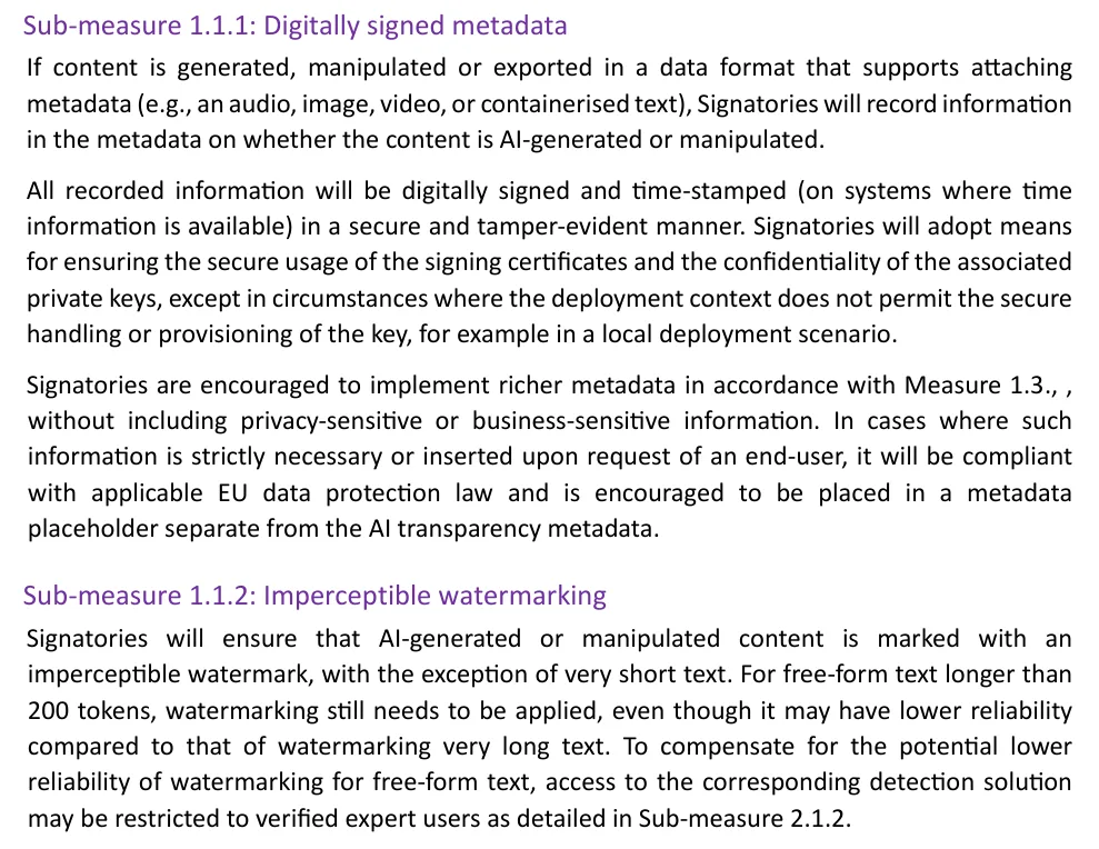Page 9 of the Code of Practice on Transparency of AI-generated Content: Sub-measure 1.1.1 on digitally signed metadata and Sub-measure 1.1.2 on imperceptible watermarking, including the 200-token rule for text