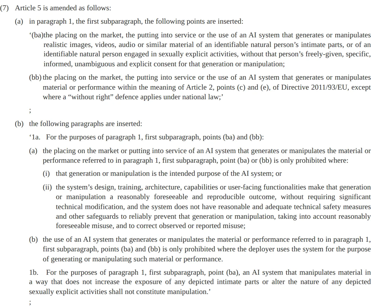 Regulation (EU) 2026/1744 on EUR-Lex, point 7 amending Article 5: the new points (ba) and (bb) and paragraphs 1a and 1b of the AI Act