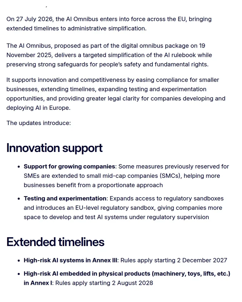 Commission news item of July 27, 2026, "AI Omnibus enters into force", listing the extended timelines: Annex III rules apply from 2 December 2027, Annex I rules from 2 August 2028