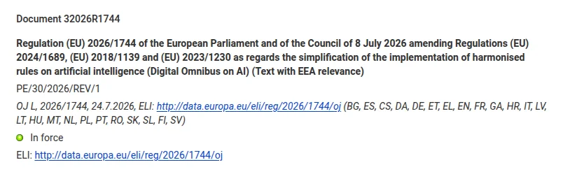 EUR-Lex record of Regulation (EU) 2026/1744 of 8 July 2026 (Digital Omnibus on AI), showing OJ L, 2026/1744, 24.7.2026 and the status In force
