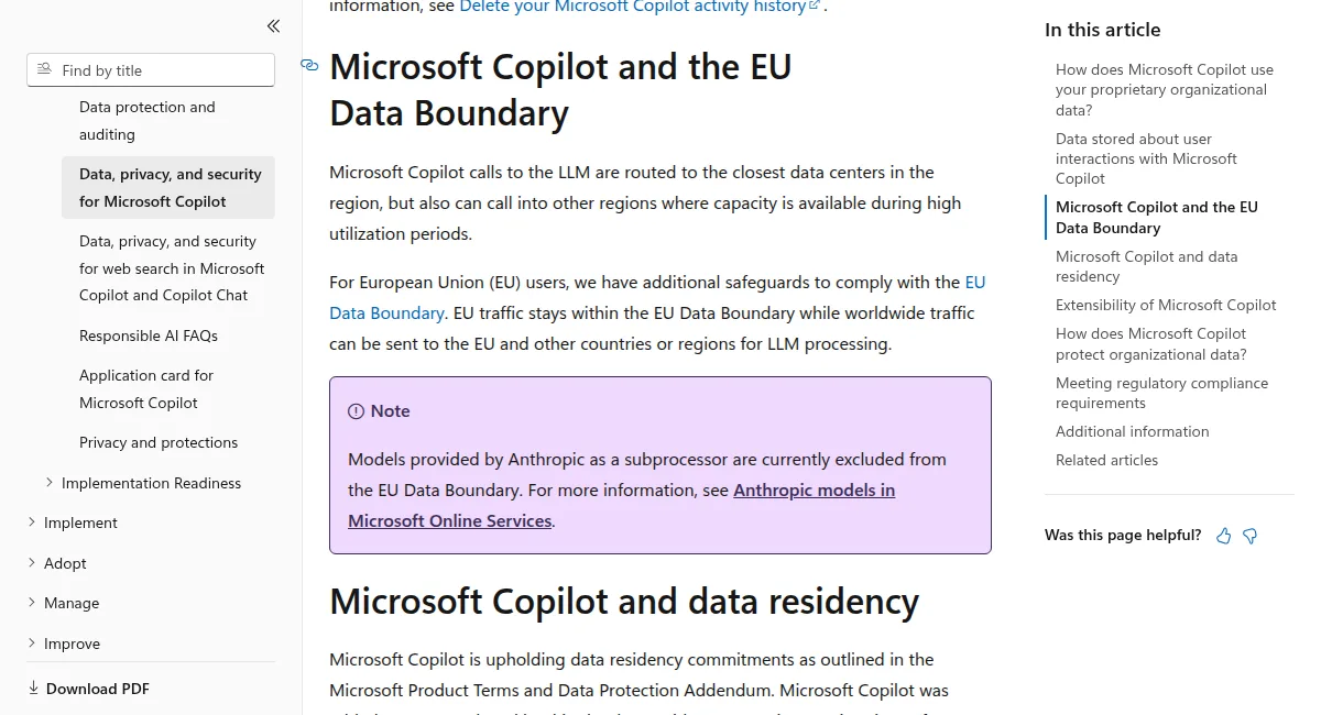 Screenshot of Microsoft Learn: EU traffic stays within the EU Data Boundary, and models provided by Anthropic as a subprocessor are currently excluded