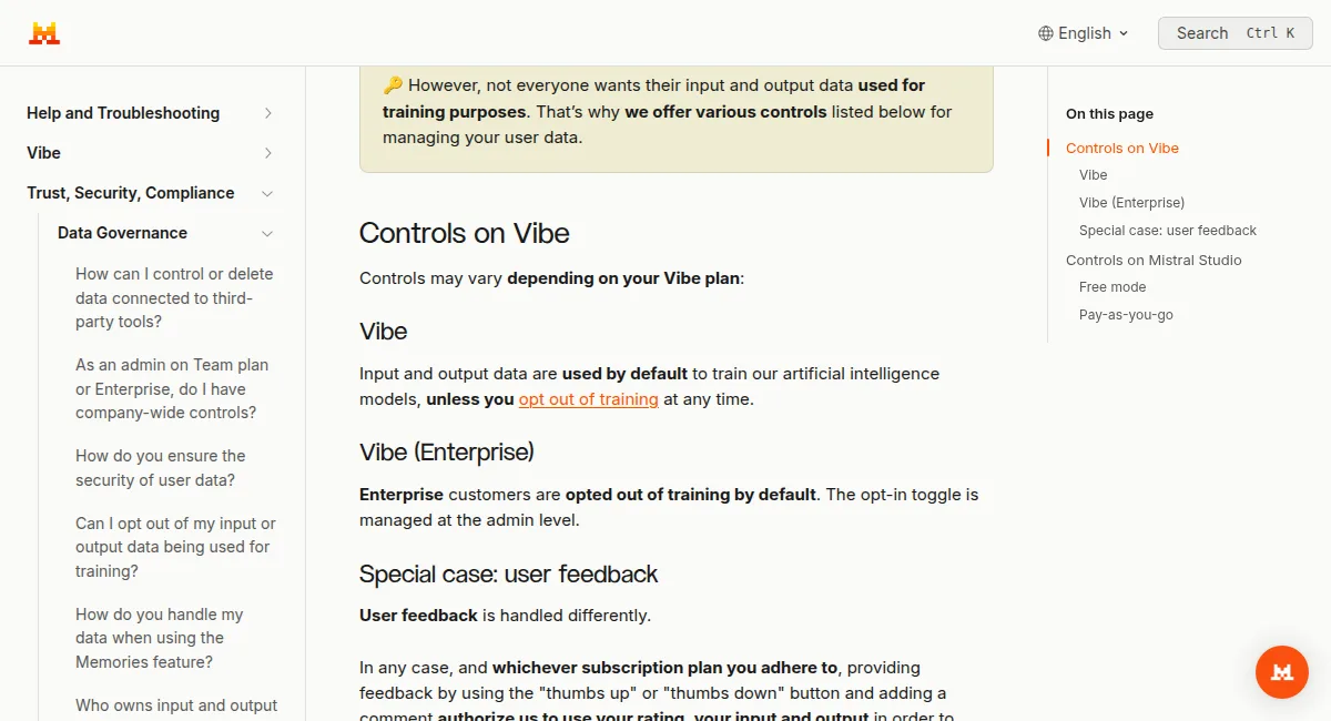 Screenshot of Mistral's help center: Vibe input and output data are used by default for training unless you opt out; Enterprise customers are opted out by default