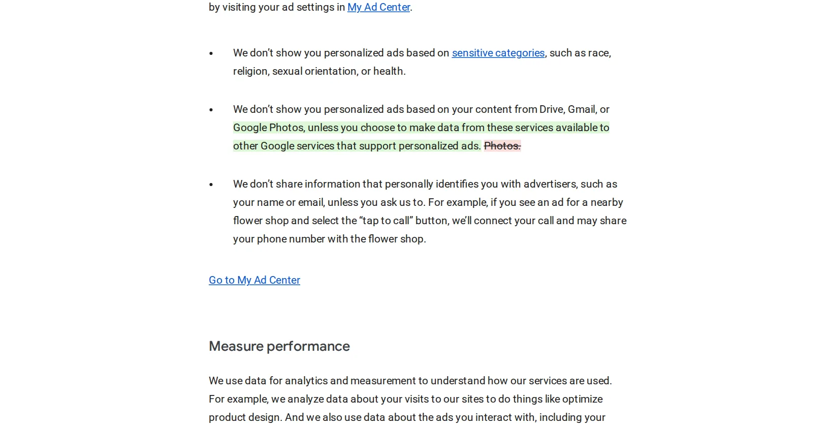 Google Privacy Policy comparison page, October 1 to October 16, 2026, showing the ads bullet with the added text "unless you choose to make data from these services available to other Google services that support personalized ads" highlighted