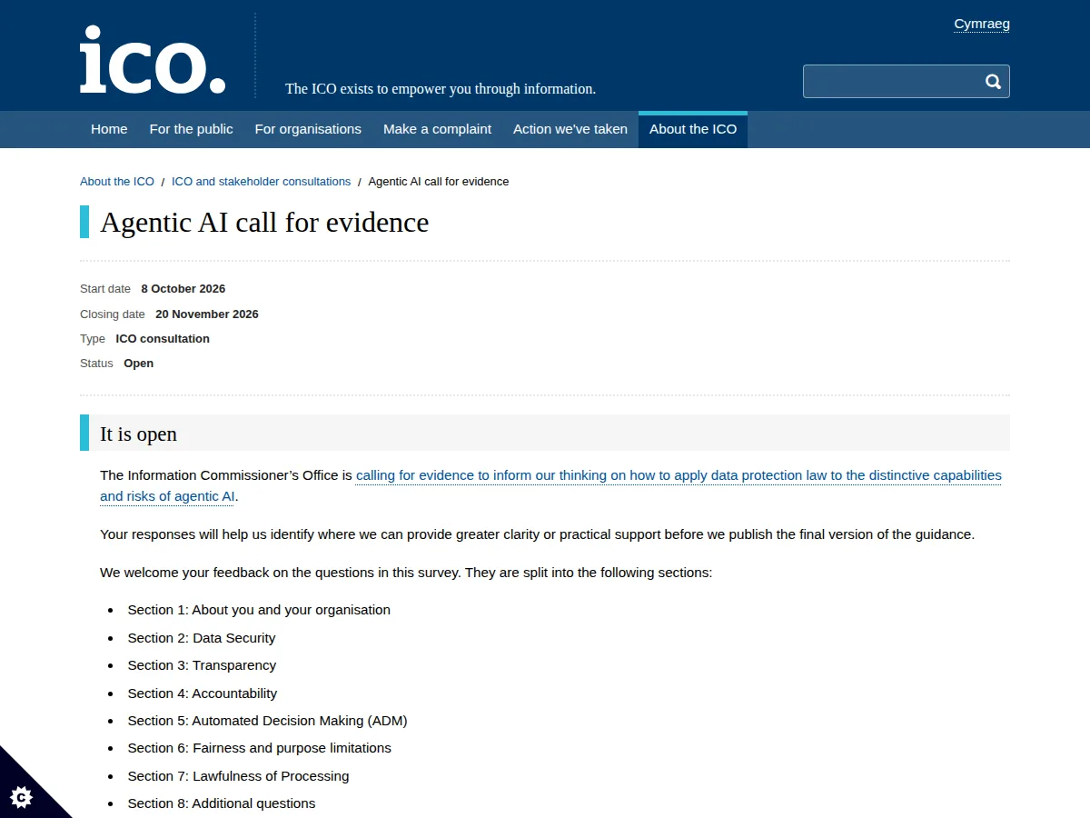 Screenshot of the ICO Agentic AI call for evidence page showing start date 8 October 2026, closing date 20 November 2026 and the list of survey sections