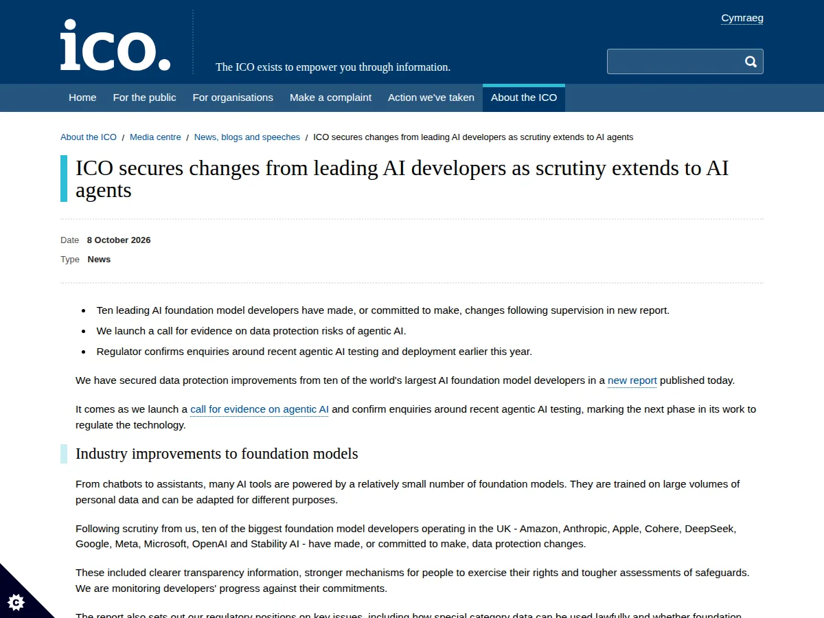 Screenshot of the ICO news release dated 8 October 2026, headed ICO secures changes from leading AI developers as scrutiny extends to AI agents