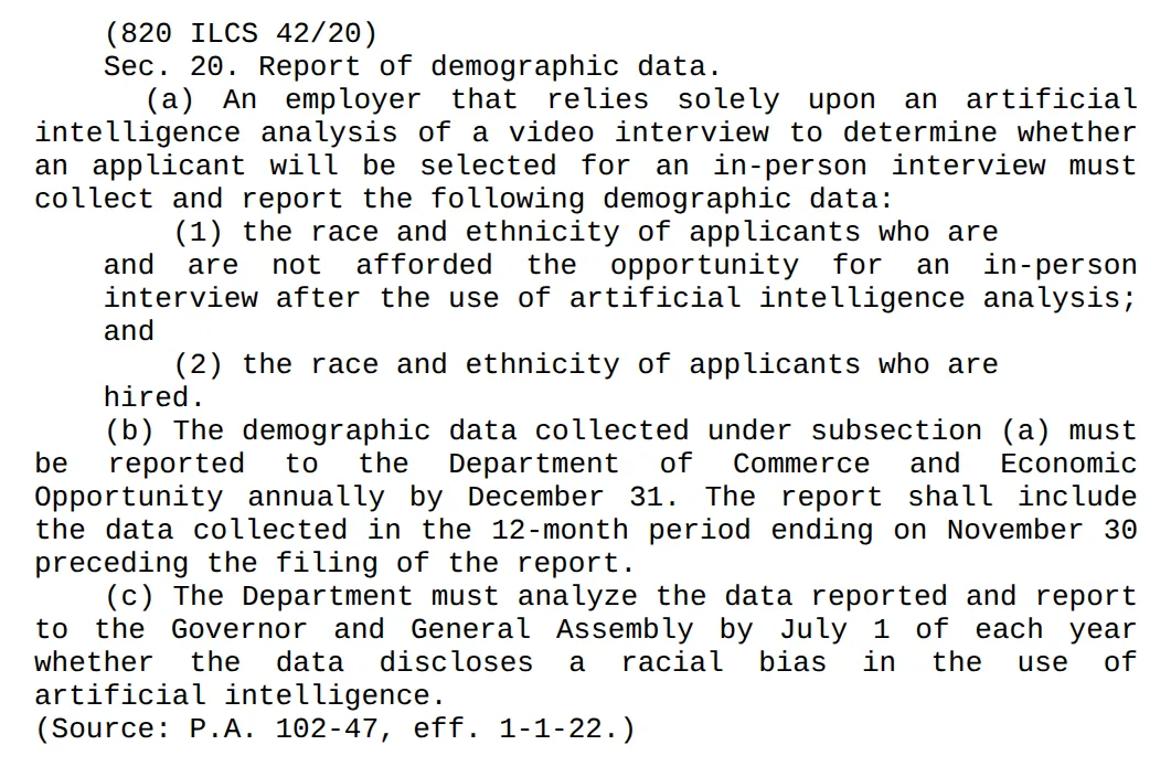 Screenshot of 820 ILCS 42/20, the demographic data report section of the Illinois AI Video Interview Act