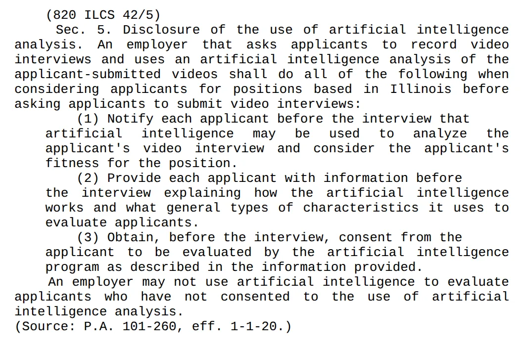 Screenshot of 820 ILCS 42/5, the disclosure section of the Illinois Artificial Intelligence Video Interview Act