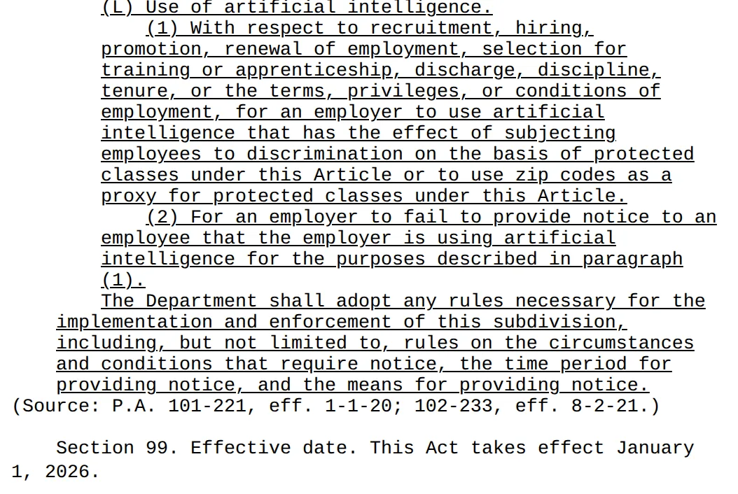 Screenshot of Public Act 103-0804, new Section 2-102(L) of the Illinois Human Rights Act on the use of artificial intelligence