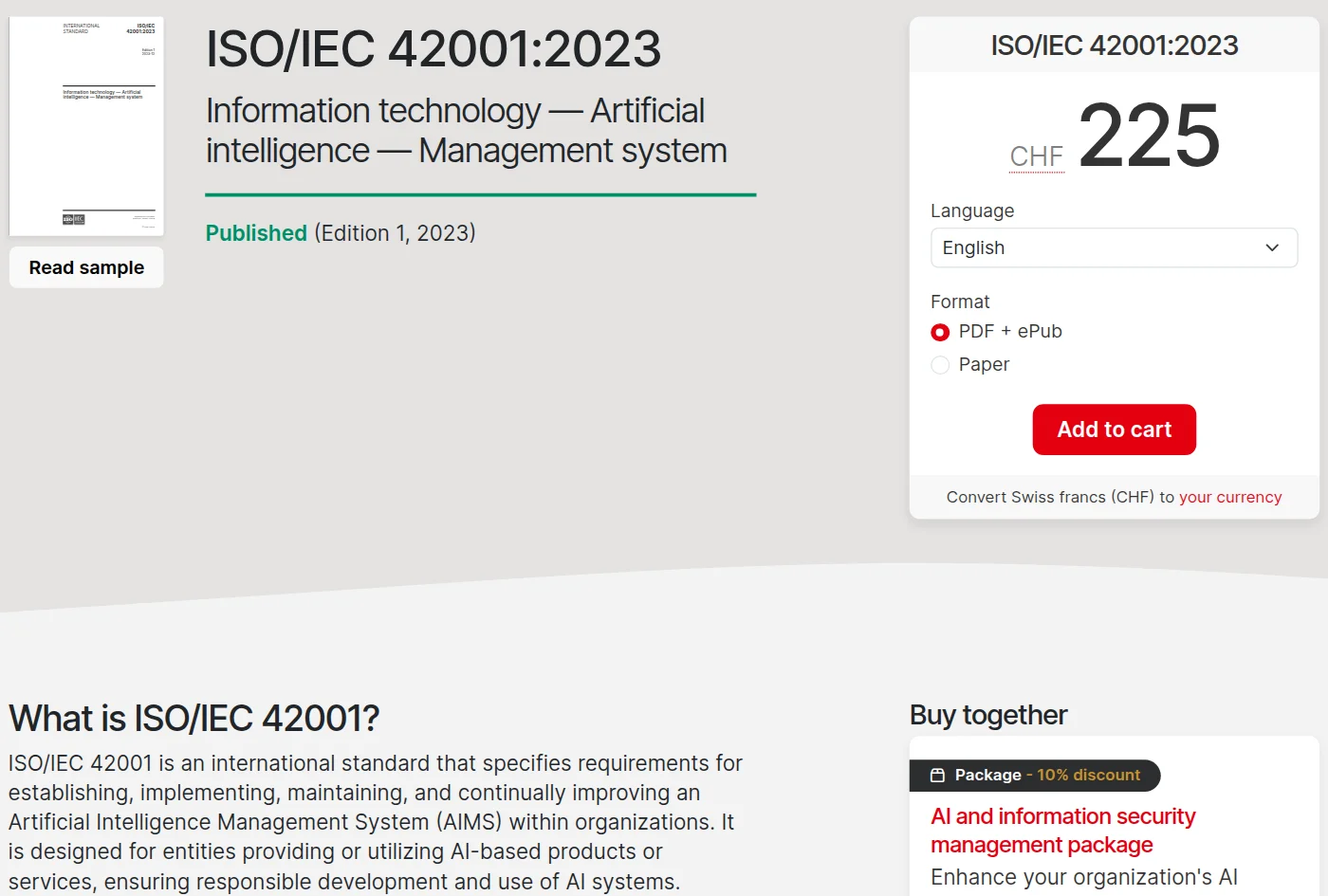 ISO store page for ISO/IEC 42001:2023, Information technology, Artificial intelligence, Management system, Published (Edition 1, 2023), priced at CHF 225