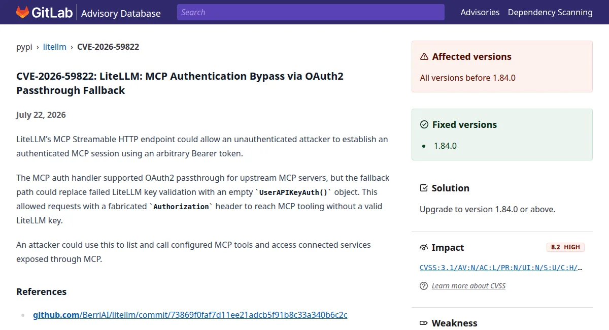 GitLab Advisory Database entry for CVE-2026-59822: LiteLLM MCP authentication bypass via OAuth2 passthrough fallback, affected versions all before 1.84.0, fixed in 1.84.0, CVSS 8.2 high