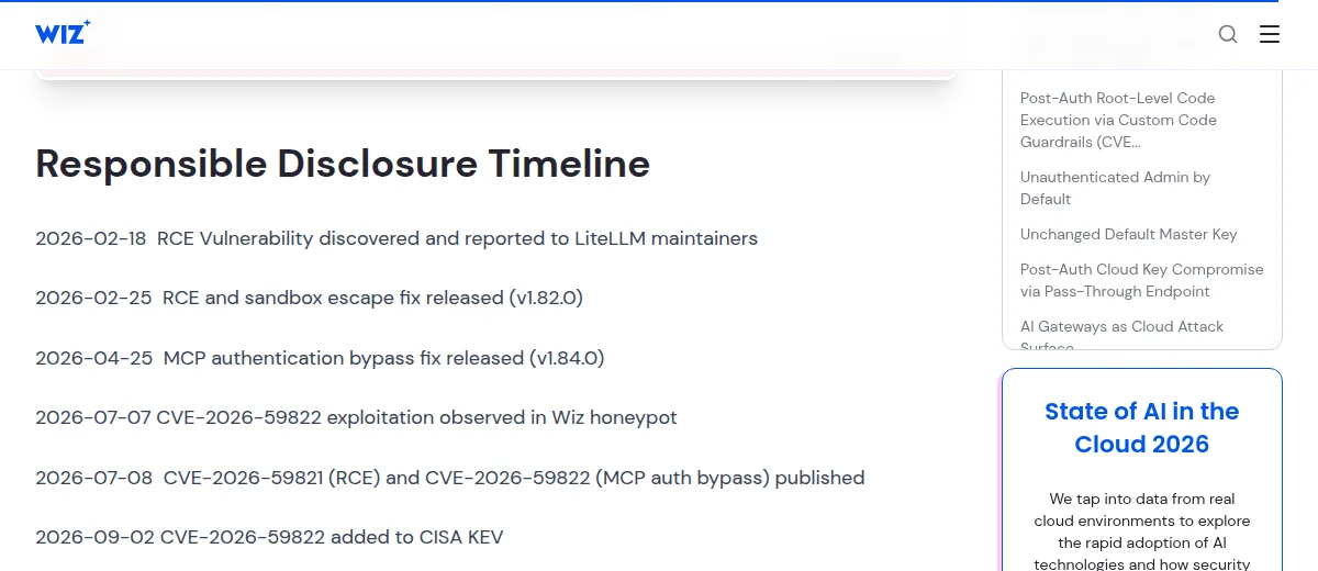 Wiz responsible disclosure timeline for LiteLLM: MCP authentication bypass fix released in v1.84.0 on 2026-04-25, exploitation observed in a honeypot on 2026-07-07, CVE published 2026-07-08, added to CISA KEV on 2026-09-02
