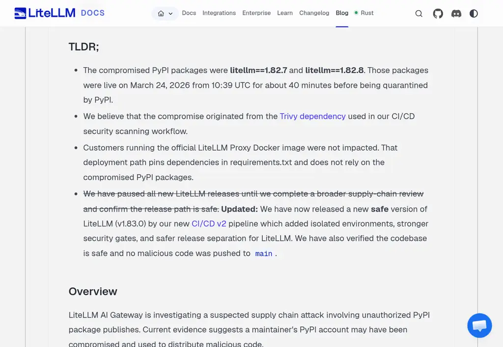 LiteLLM security update of March 24, 2026: the compromised PyPI packages were litellm 1.82.7 and 1.82.8, live from 10:39 UTC for about 40 minutes; the official LiteLLM Proxy Docker image was not impacted