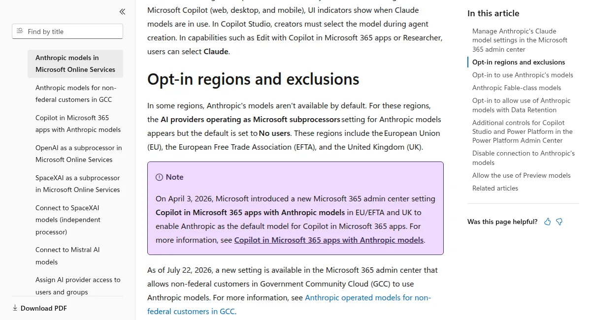 Microsoft Learn page on Anthropic models: in the EU, EFTA and UK the AI providers setting defaults to No users, and an April 3, 2026 note about making Anthropic the default model
