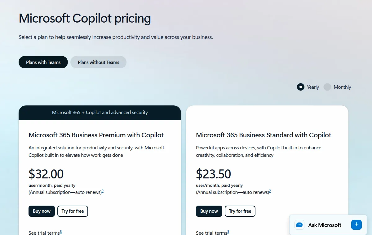 Microsoft Copilot pricing page showing Microsoft 365 Business Premium with Copilot at $32.00 and Business Standard with Copilot at $23.50 per user per month, paid yearly