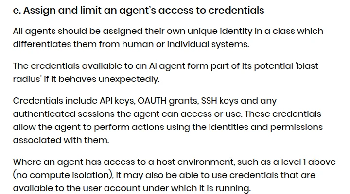 NCSC blog section 4e, Assign and limit an agent's access to credentials, saying every agent should have its own unique identity and that credentials form part of its blast radius