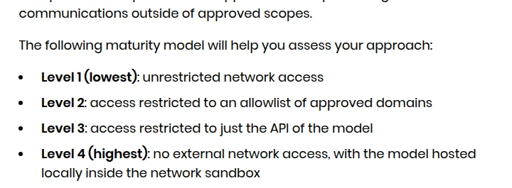 NCSC blog section on restricting network access, showing the four-level maturity model from unrestricted access to no external network with a locally hosted model