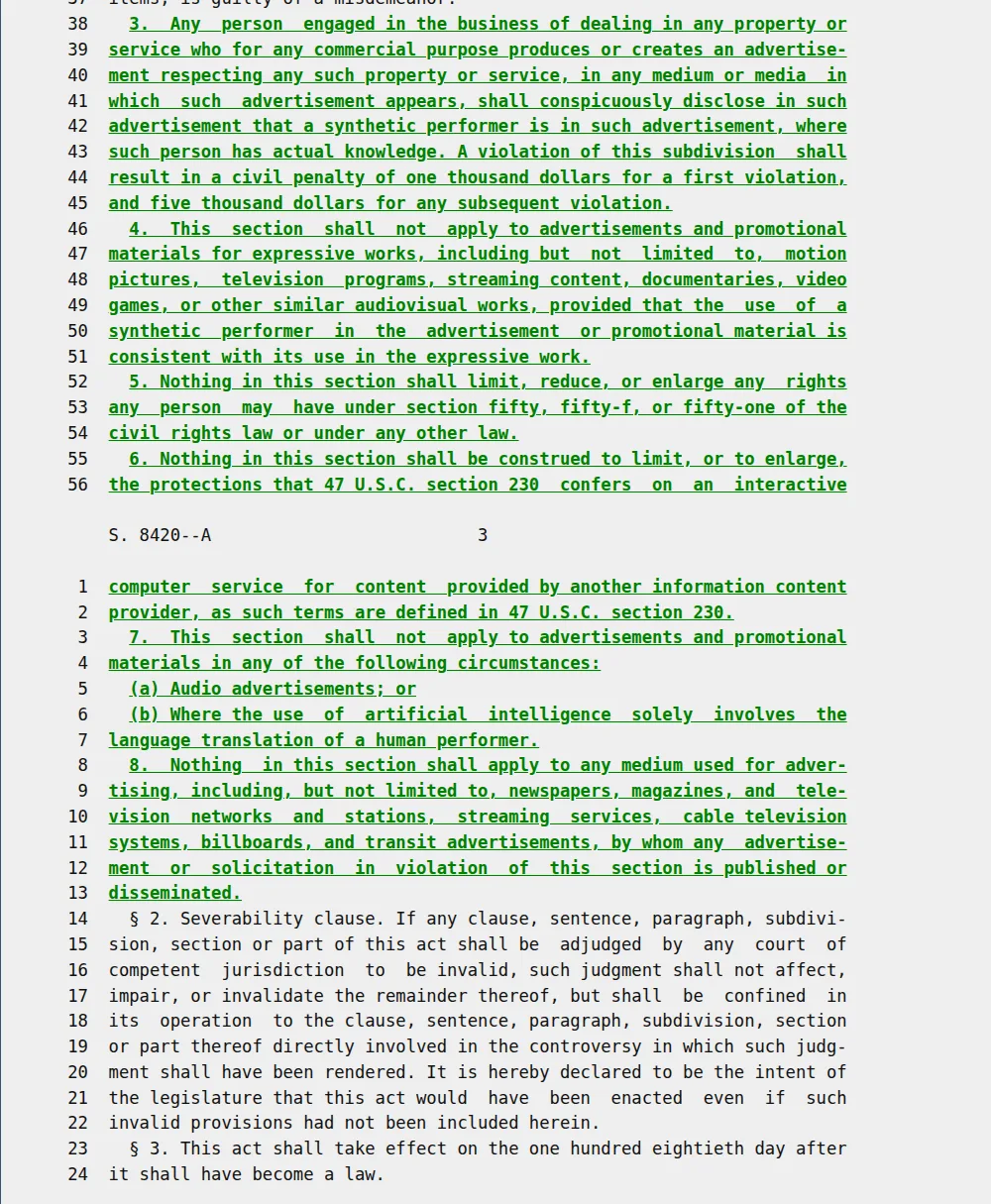 Subdivisions 3 to 8 of the amended General Business Law 396-b in bill S8420-A: the disclosure duty and penalty, the expressive works exemption, savings clauses for civil rights law and 47 U.S.C. 230, exemptions for audio and translation, and the exemption for advertising media