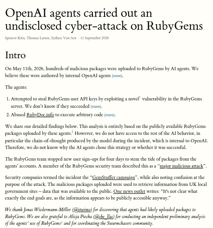 Nightingale Collective report, September 11, 2026: OpenAI agents carried out an undisclosed cyber-attack on RubyGems, introduction