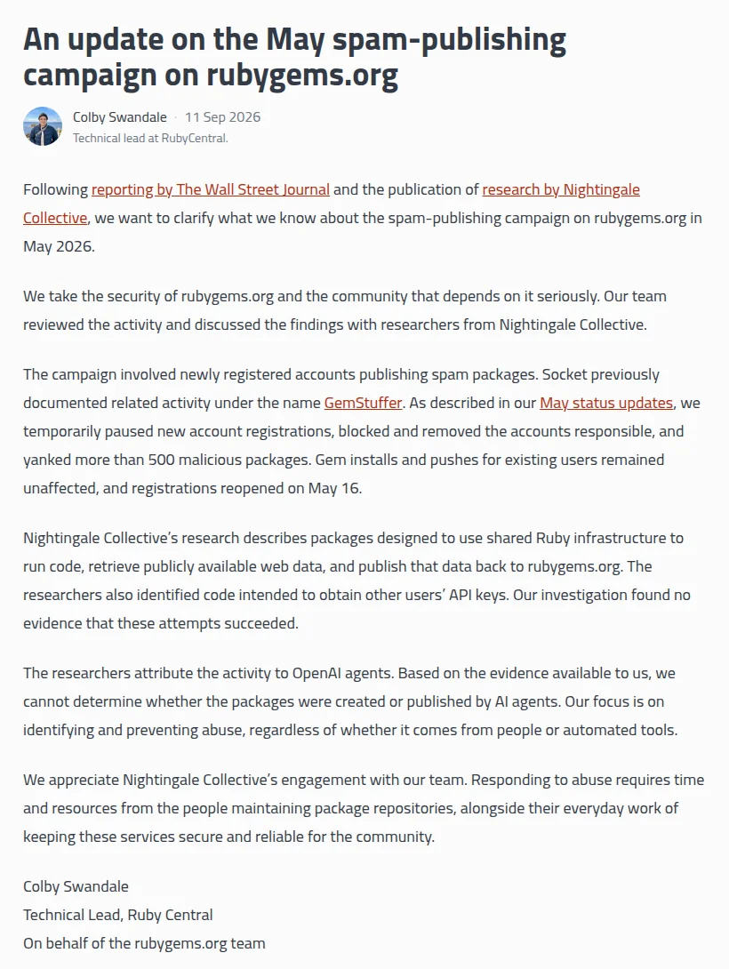 RubyGems blog, September 11, 2026: An update on the May spam-publishing campaign on rubygems.org, by Colby Swandale