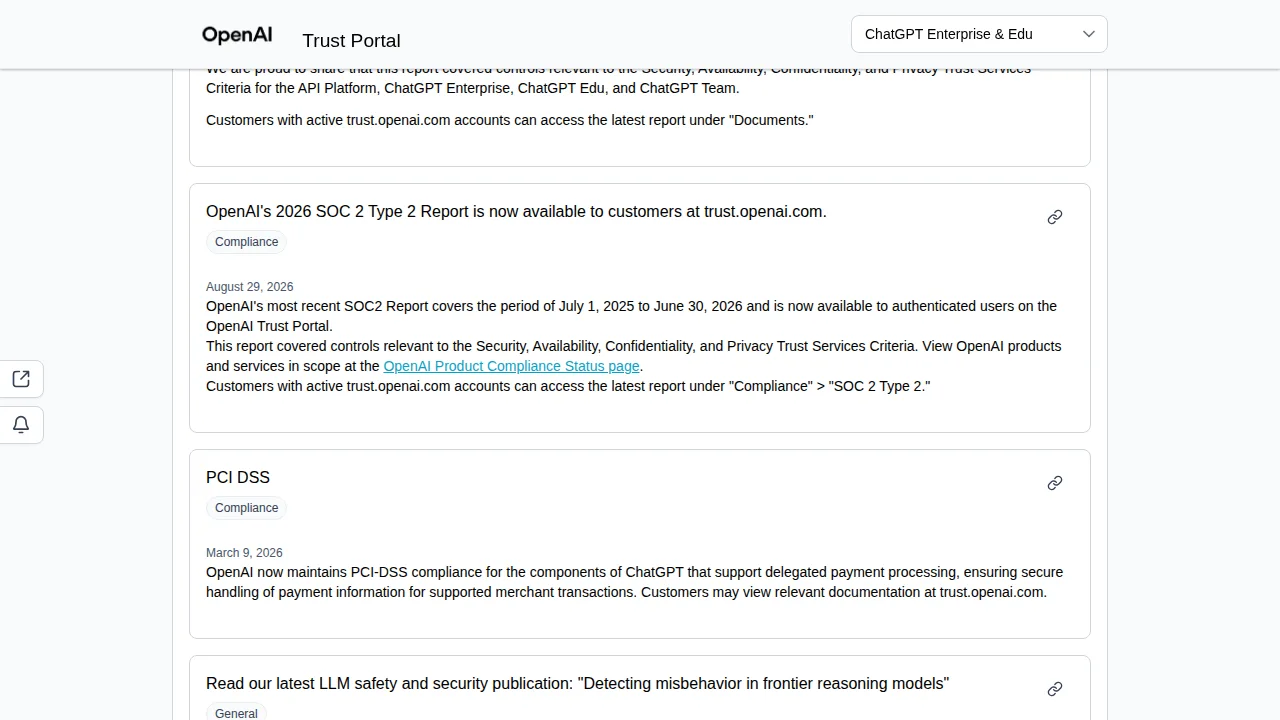 Trust portal update dated August 29, 2026 announcing OpenAI's 2026 SOC 2 Type 2 report covering July 1, 2025 to June 30, 2026