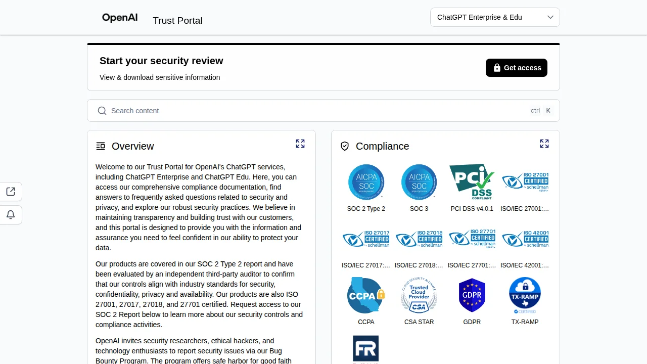 OpenAI Trust Portal front page showing the overview text and compliance badges for SOC 2 Type 2, SOC 3, PCI DSS, ISO 27001, 27017, 27018, 27701, 42001, CCPA, CSA STAR, GDPR, TX-RAMP and FedRAMP 20x