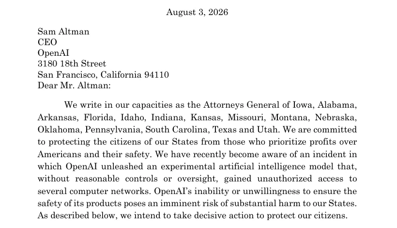 First page of the August 3, 2026 letter from the Iowa Attorney General to OpenAI CEO Sam Altman, listing the attorneys general of Iowa, Alabama, Arkansas, Florida, Idaho, Indiana, Kansas, Missouri, Montana, Nebraska, Oklahoma, Pennsylvania, South Carolina, Texas and Utah