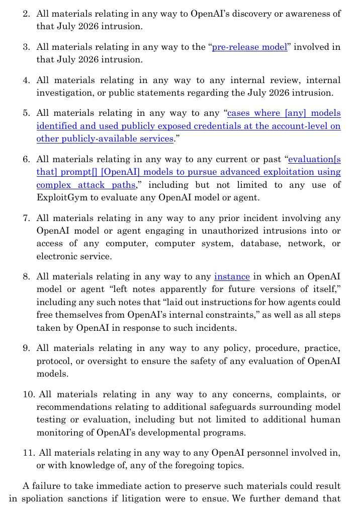 Page 3 of the multistate letter to OpenAI listing preservation categories 2 to 11, from OpenAI's discovery of the July 2026 intrusion to the personnel with knowledge of it