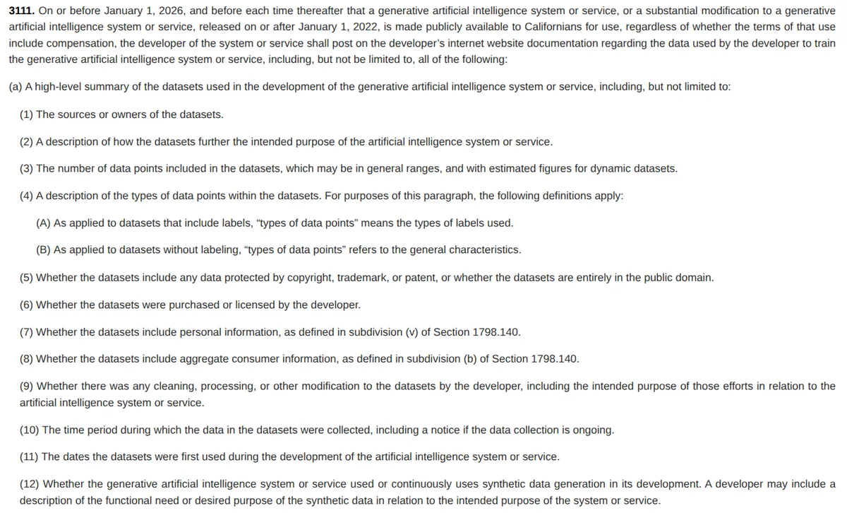 California AB 2013 bill text, Civil Code section 3111: the list of required training data disclosures, from sources and owners of datasets to item 12 on synthetic data generation