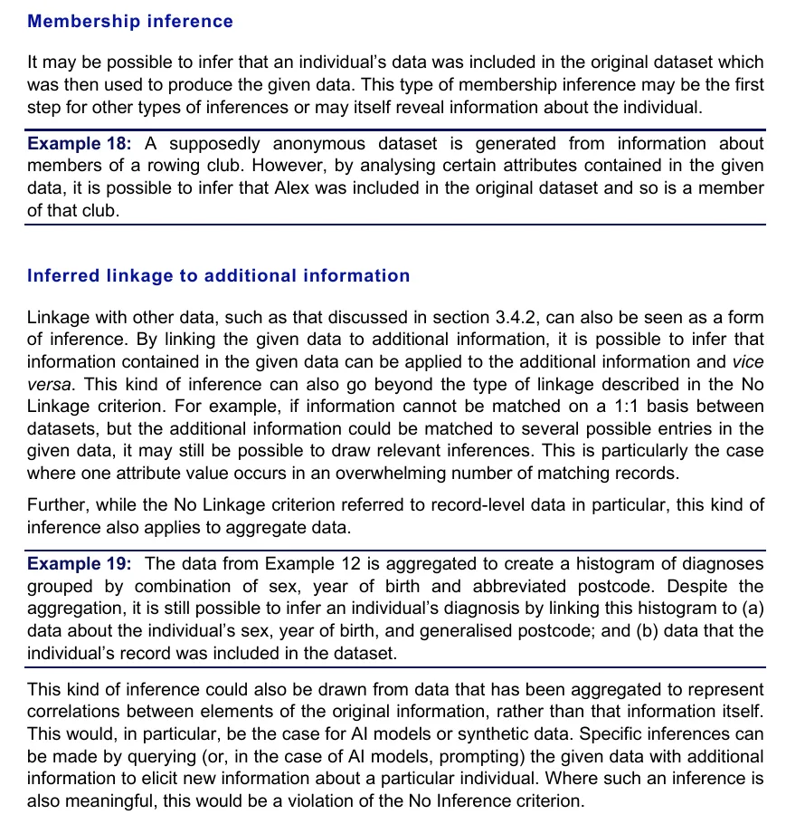 Page 25 of the EDPB's draft Guidelines 02/2026 on Anonymisation: paragraphs on membership inference and inferred linkage, ending with paragraph 82, which says such inferences can be drawn from AI models or synthetic data