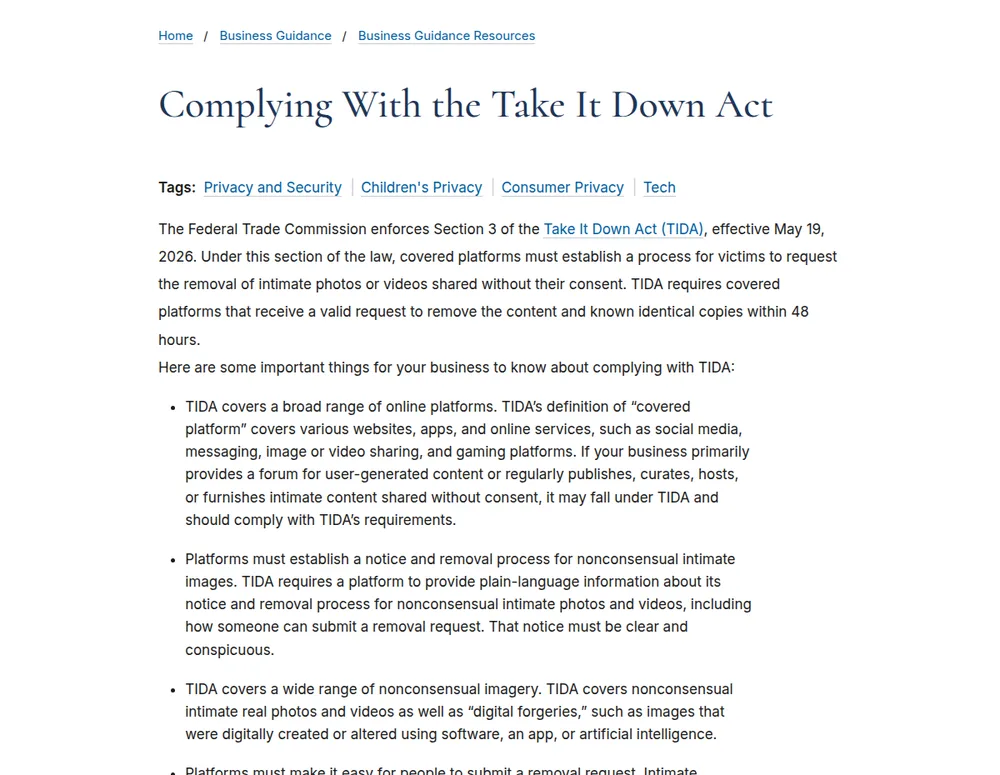 The FTC business guide Complying With the Take It Down Act, listing covered platforms, the notice and removal process, digital forgeries and duplicate removal
