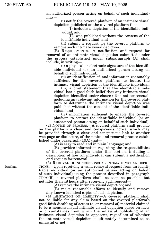 Page 139 Stat. 60 of Public Law 119-12 showing Section 3: the written request elements, the clear and conspicuous notice, the removal deadline and the good-faith liability limit