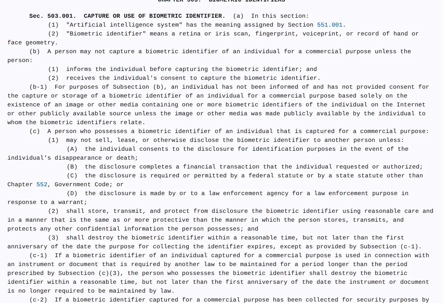Screenshot of Texas Business and Commerce Code Section 503.001, Capture or Use of Biometric Identifier, showing the definition, the notice and consent rule and the new subsection (b-1)