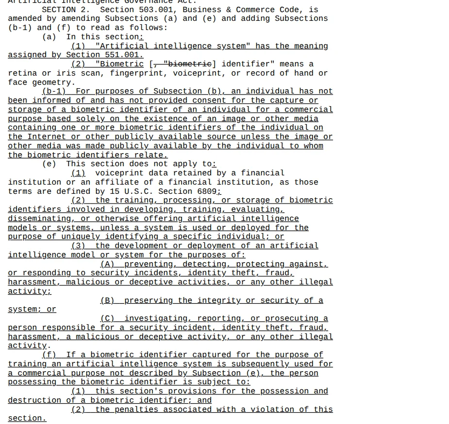 Screenshot of HB 149 enrolled text, Section 2, with the underlined amendments to Texas Business and Commerce Code Section 503.001