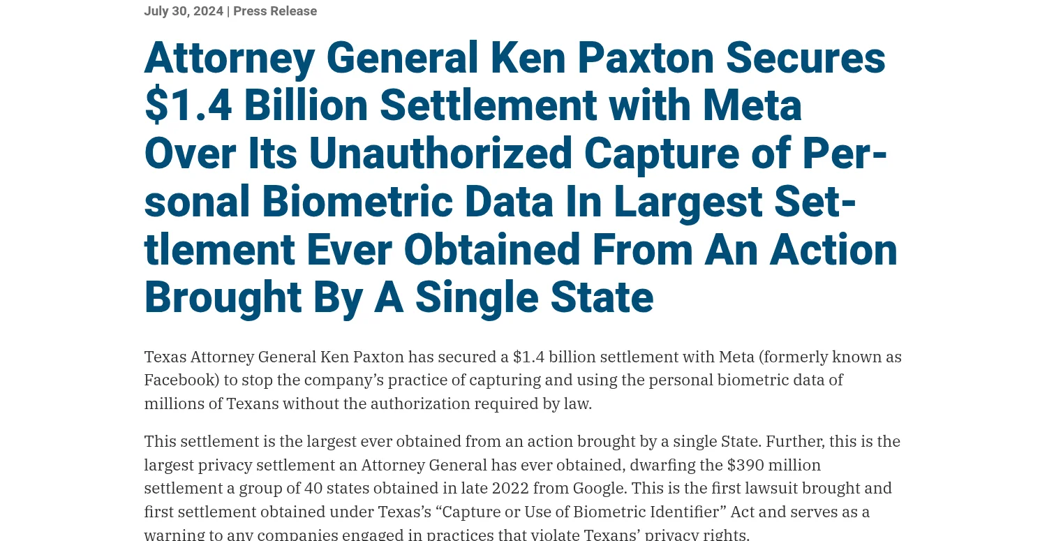 Screenshot of the Texas Attorney General press release of July 30, 2024 announcing a 1.4 billion dollar settlement with Meta under the Capture or Use of Biometric Identifier Act