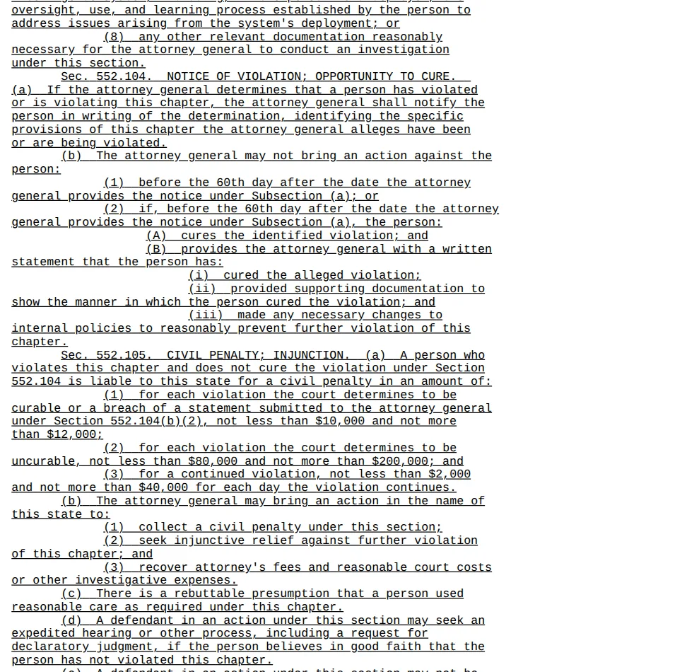 Screenshot of HB 149 Sections 552.104 and 552.105: the 60-day notice and cure rule and the civil penalty tiers