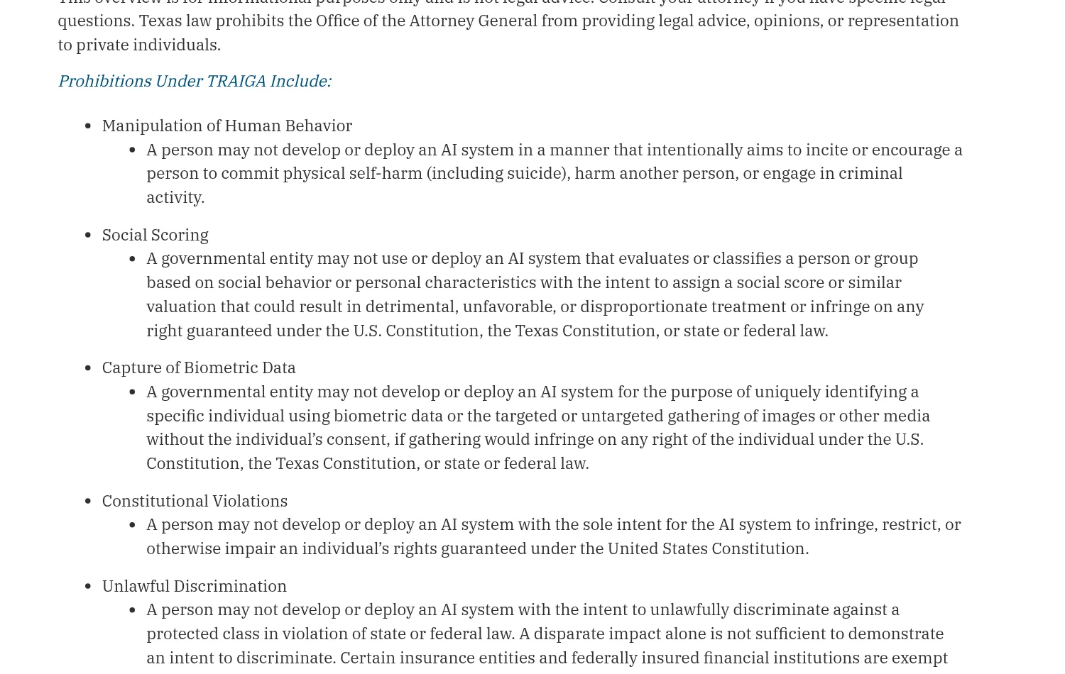 Screenshot of the Texas Attorney General's Consumer AI Rights page listing the prohibitions under TRAIGA