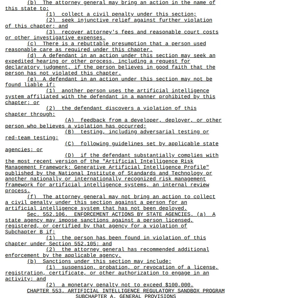 Screenshot of HB 149 Section 552.105(c)-(f) in the enrolled text, with the NIST Generative AI Profile defense