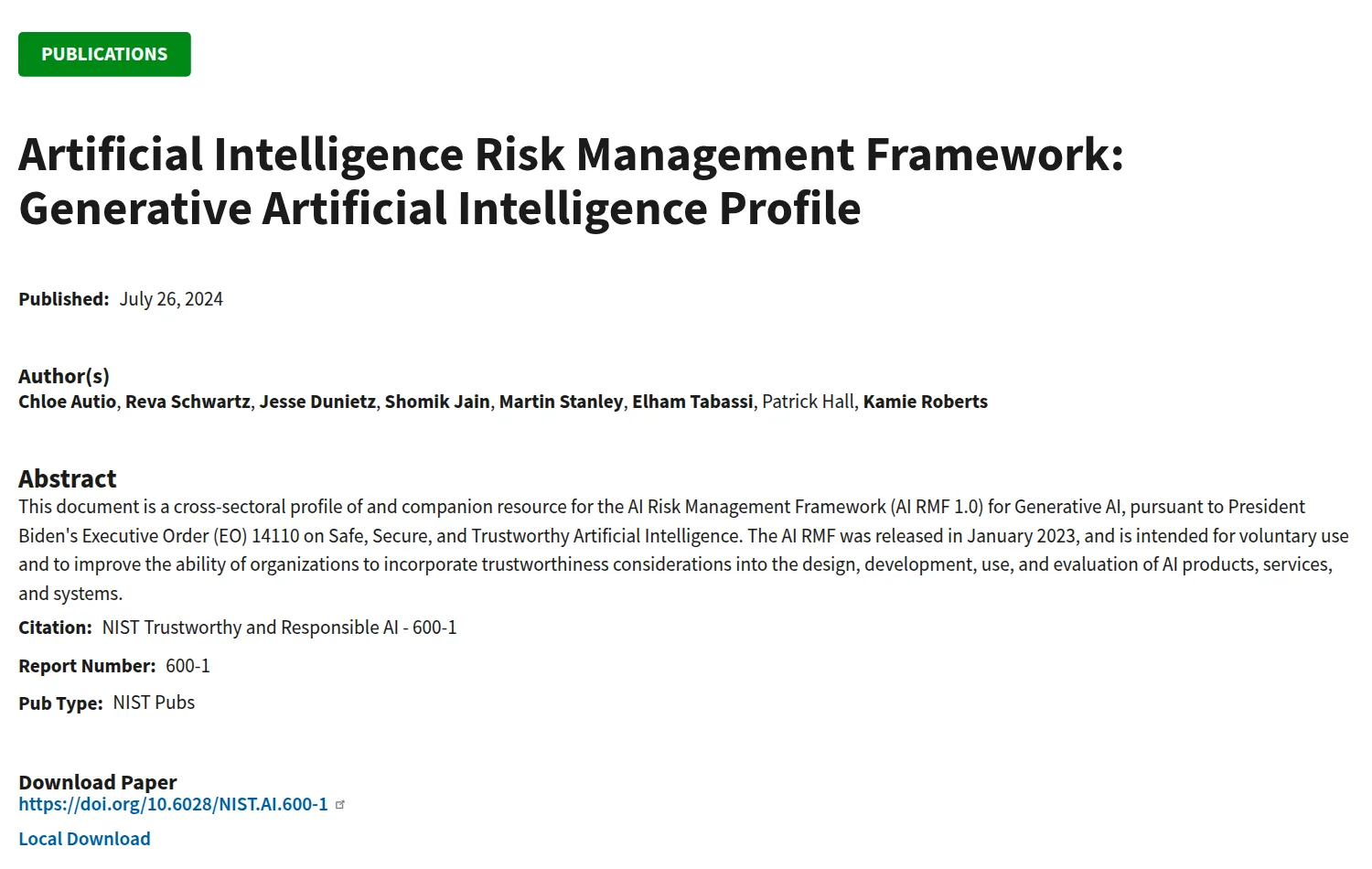 Screenshot of the NIST publication page for the AI RMF Generative Artificial Intelligence Profile, published July 26, 2024