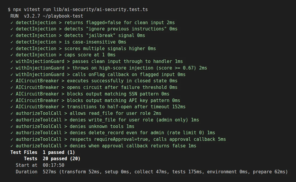 Terminal output of npx vitest run showing all 20 tests in ai-security.test.ts passing, representing a tested TypeScript AI agent security playbook