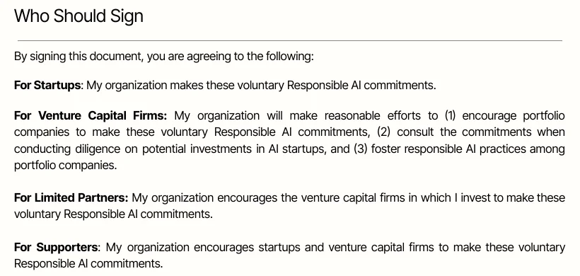 Screenshot of the Responsible Innovation Labs commitments page showing what startups, venture capital firms and limited partners agree to when they sign