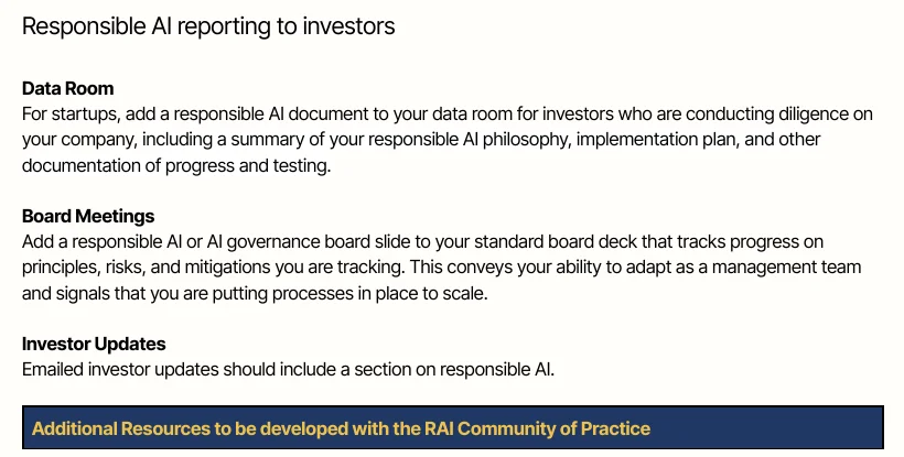 Screenshot of the Responsible AI Protocol section on reporting to investors: a responsible AI document in the data room, a board slide and investor update section