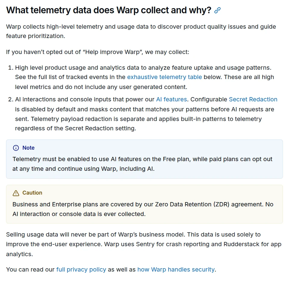 Warp docs, What telemetry data does Warp collect and why: AI interactions and console inputs are collected unless Help improve Warp is off; telemetry must be enabled for AI on the Free plan; Business and Enterprise plans are covered by Zero Data Retention