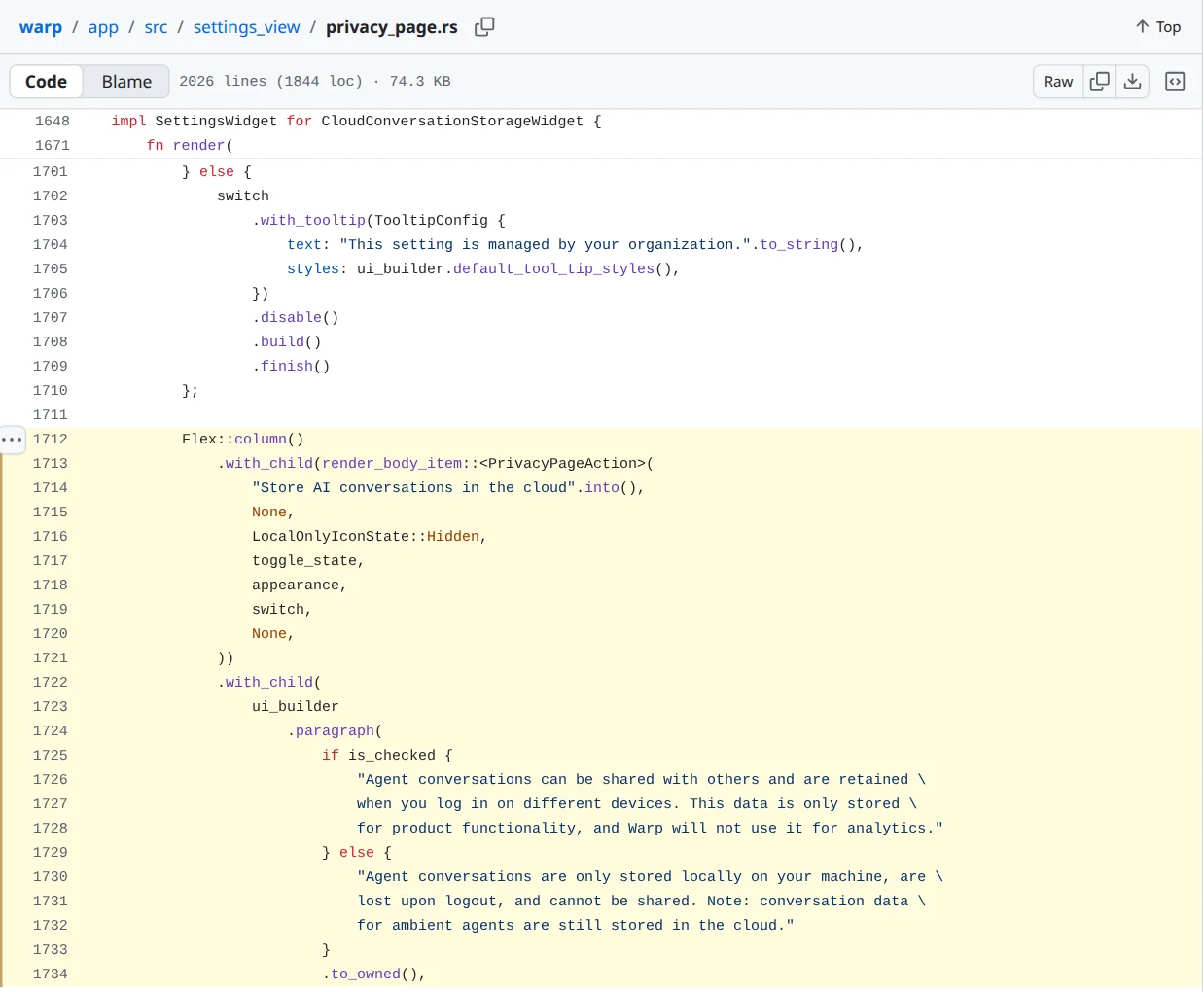 Warp client source, privacy_page.rs at commit eafc6d1: the Store AI conversations in the cloud setting, with the text shown when it is on and when it is off, including that conversation data for ambient agents is still stored in the cloud