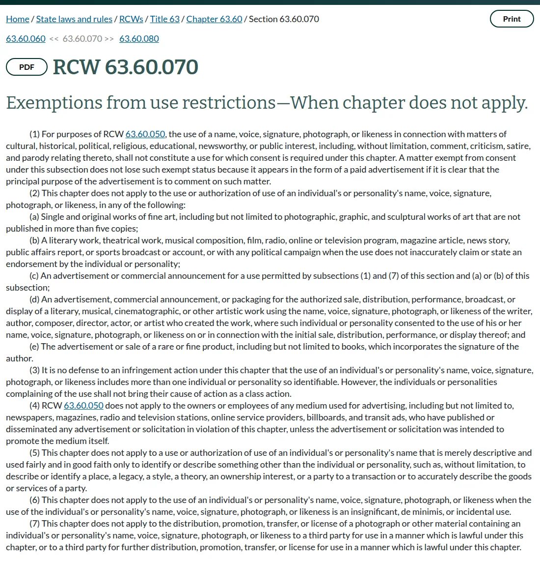 RCW 63.60.070 on the Washington Legislature website, listing exemptions for public-interest uses, satire and parody, artistic works, advertising media owners and de minimis uses