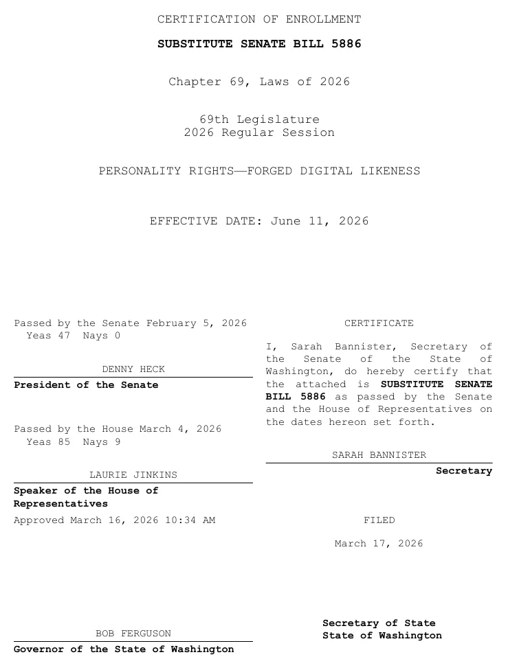 Cover page of Substitute Senate Bill 5886, Chapter 69, Laws of 2026, Personality Rights, Forged Digital Likeness, effective date June 11, 2026, approved March 16, 2026