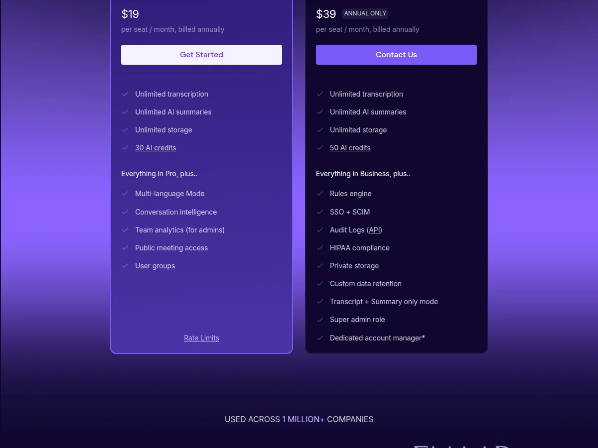 Screenshot of Fireflies pricing: Business at $19 a seat billed annually and Enterprise at $39, annual only, which adds SSO and SCIM, audit logs, HIPAA compliance, private storage and custom data retention