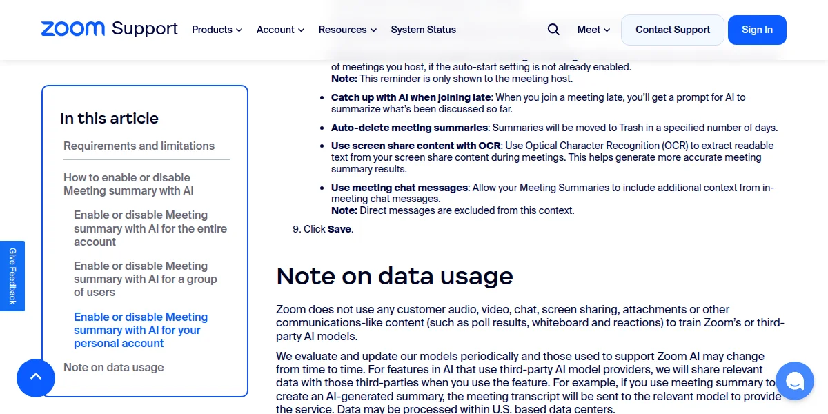 Screenshot of Zoom Support, Note on data usage: Zoom does not use customer audio, video or chat to train AI models, and data may be processed within U.S. based data centers