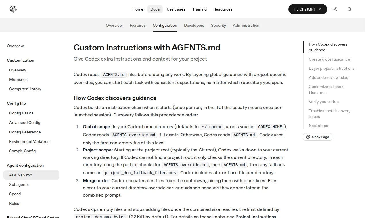 OpenAI's Codex documentation, How Codex discovers guidance, listing global scope, project scope and merge order for AGENTS.md files