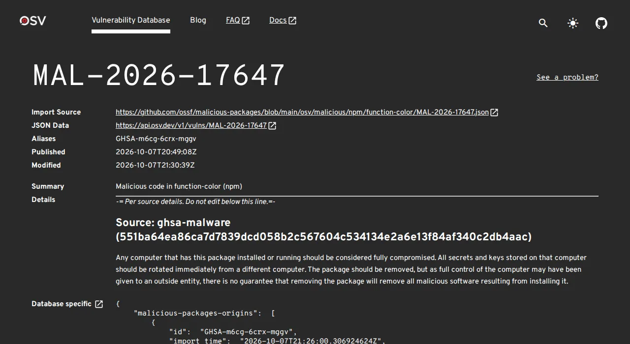 OSV advisory MAL-2026-17647, Malicious code in function-color (npm), published October 7, 2026, with the note that any computer that installed it should be considered fully compromised